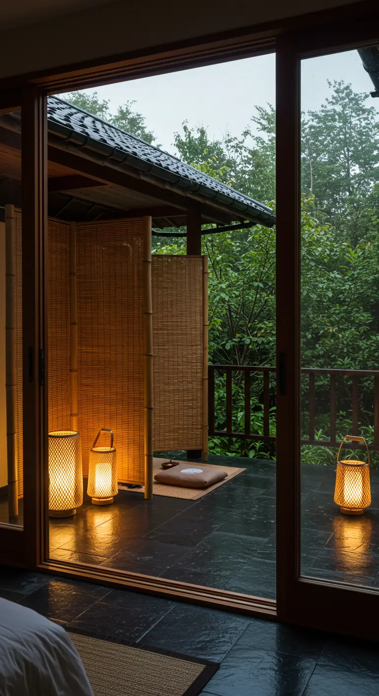 Bedroom view of a slate terrace with glowing lanterns on a rainy day.