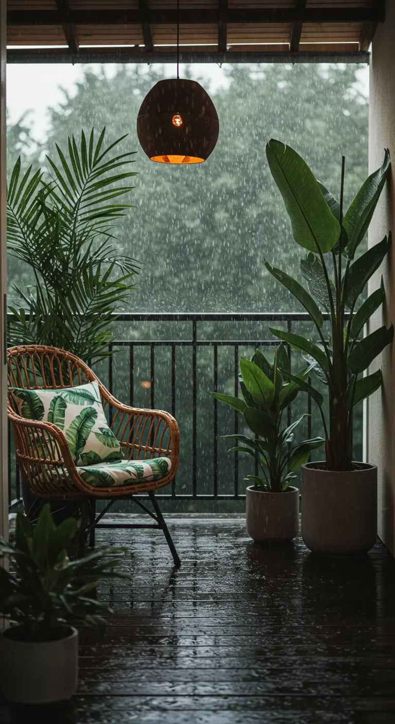 A cozy rattan chair on a dark wood balcony during a rainstorm.