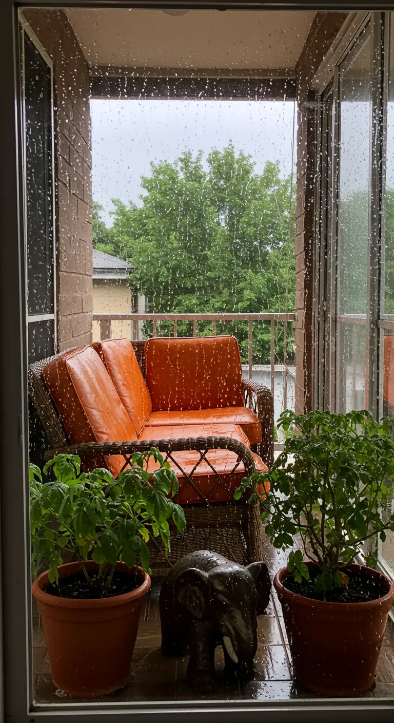 View from inside of a rainy balcony with an orange wicker loveseat and plants.