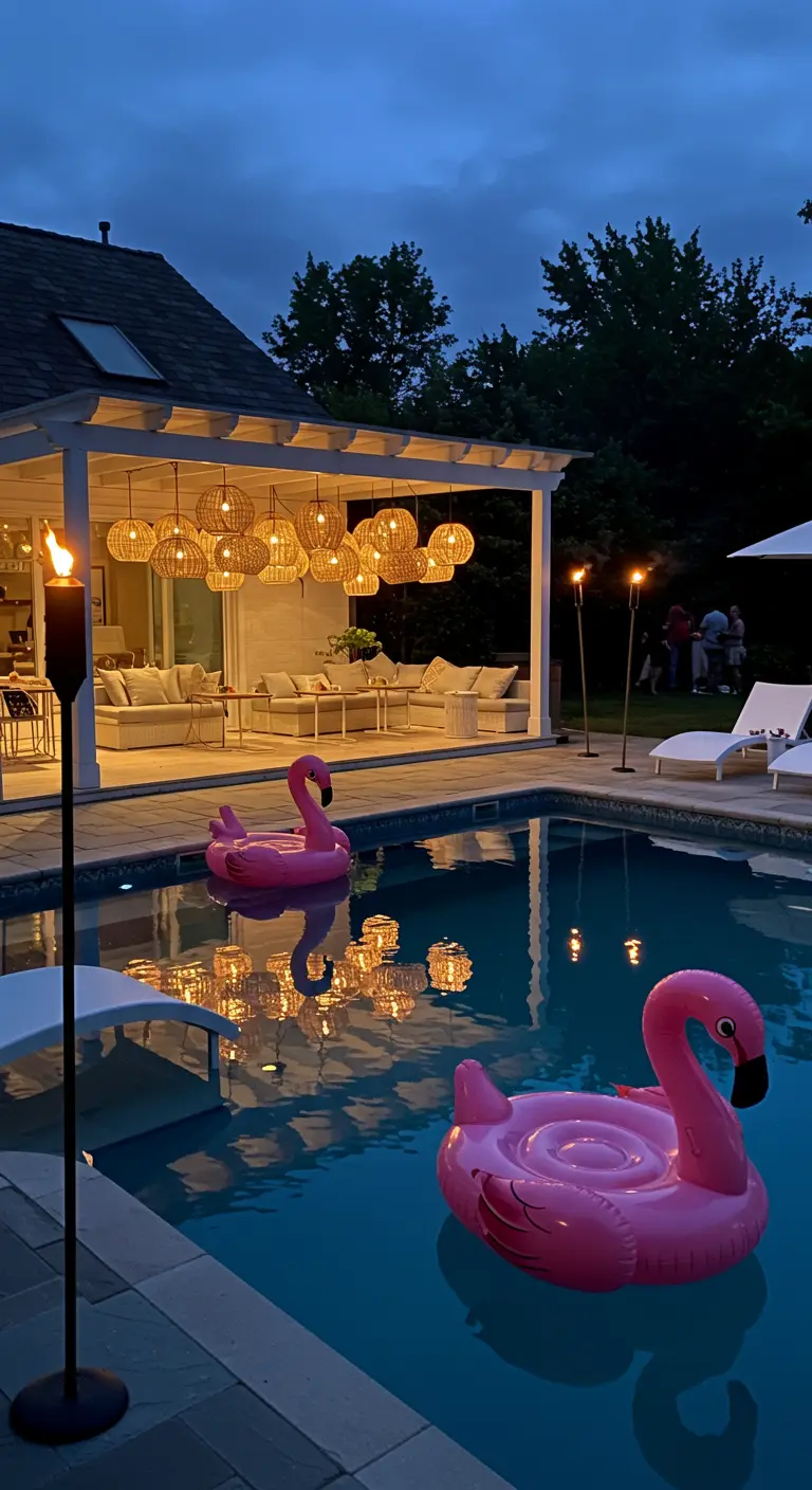 Pergola with rattan lanterns over a pool with pink flamingo floats at dusk.