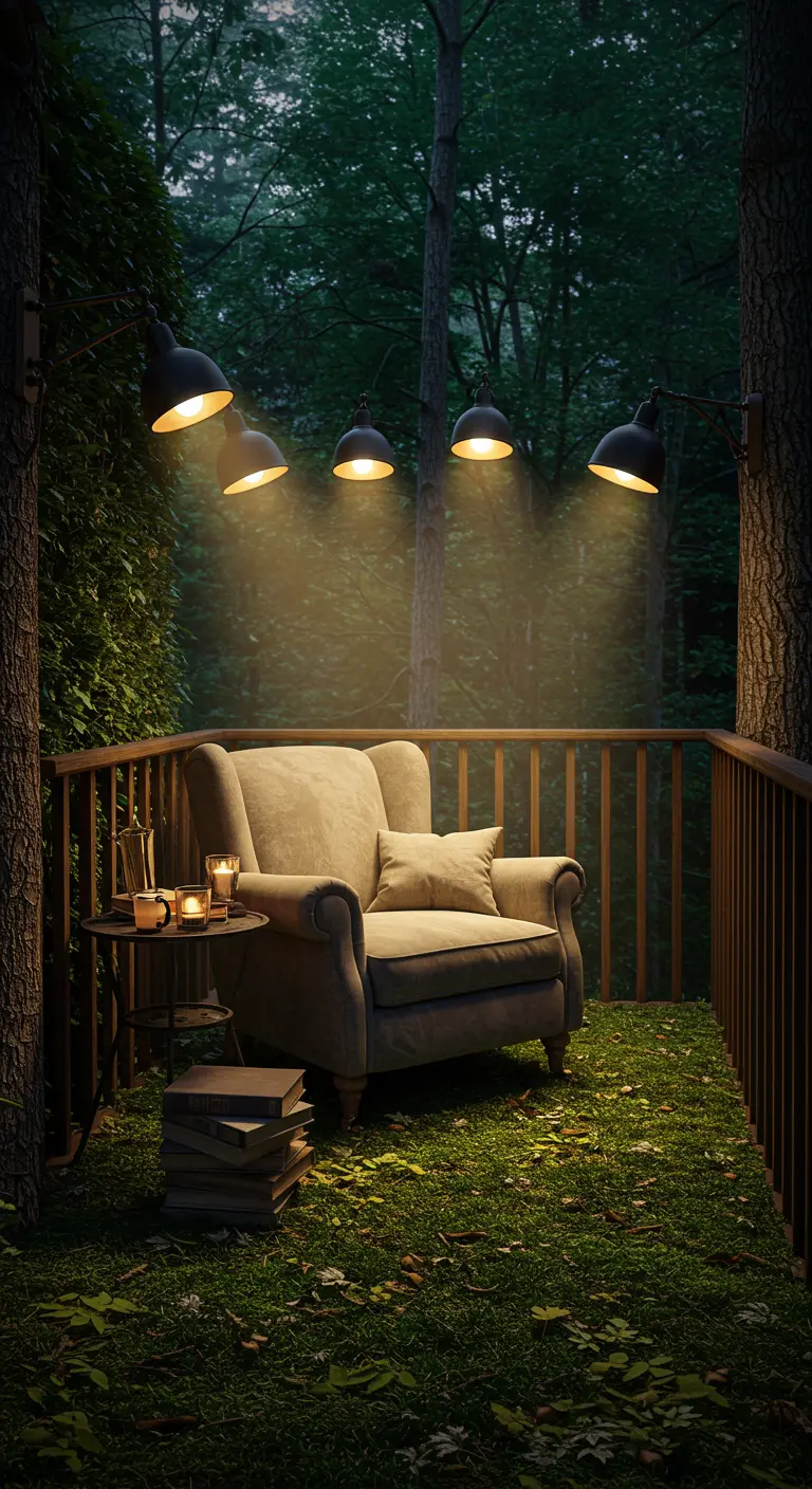 A cozy balcony with a plush armchair lit by spotlights from above.