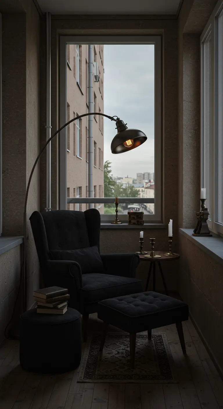 An enclosed balcony with a black armchair and ottoman, lit by an elegant arc floor lamp.