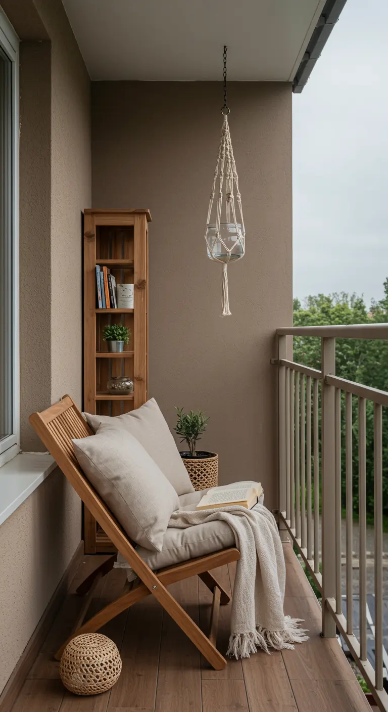 A cozy reading corner on a balcony with a wooden chair, pillows, and a bookcase.