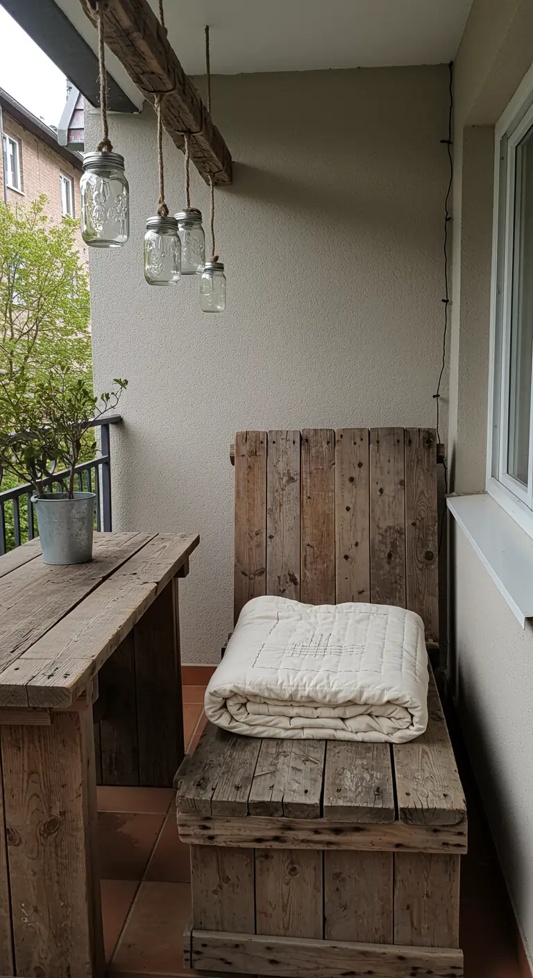 Rustic balcony with a bench and table made from reclaimed wood, with jars hanging from a beam.