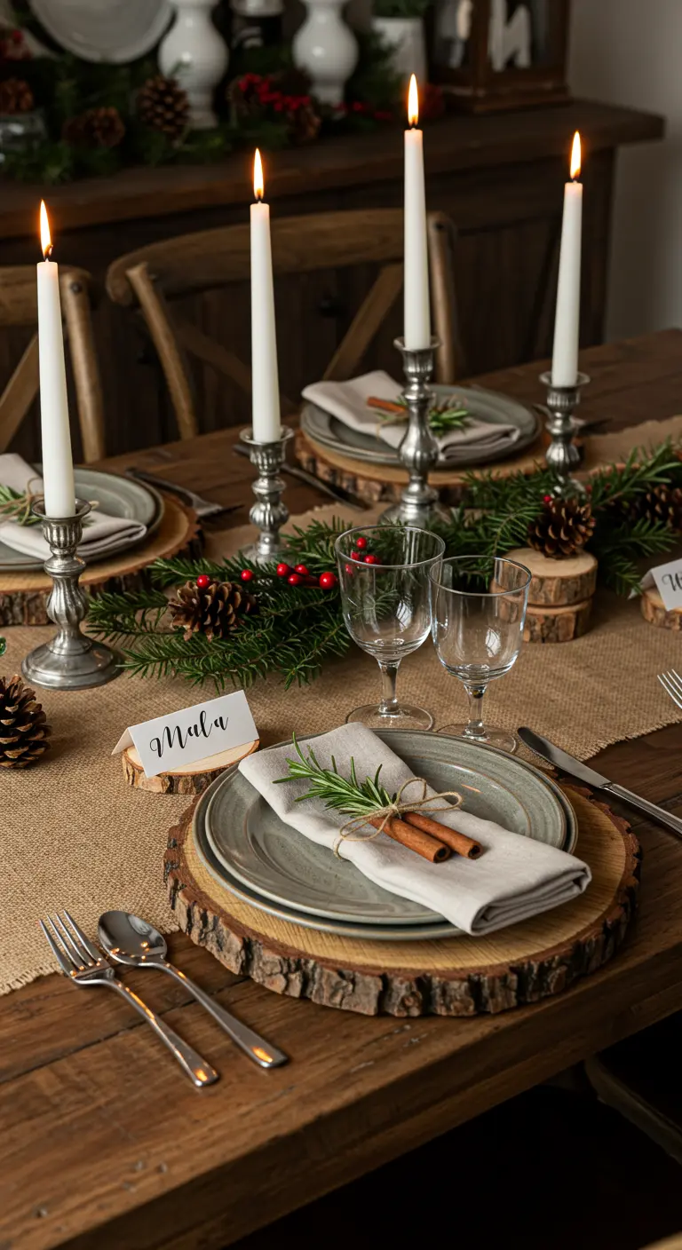 Formal rustic table setting with wood slice chargers and rosemary-tied napkins.