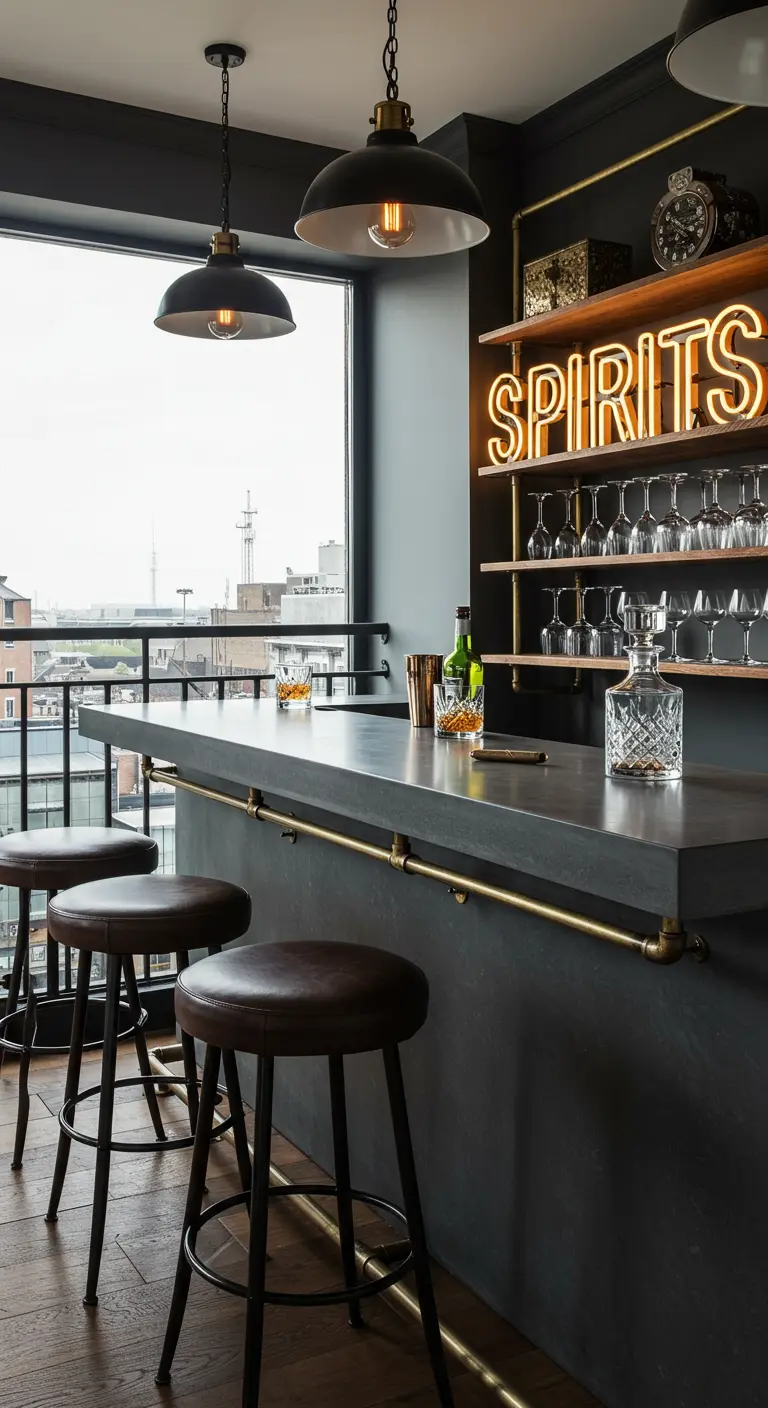 A sophisticated dark gray bar with brass pipe details and a warm 'SPIRITS' neon sign.