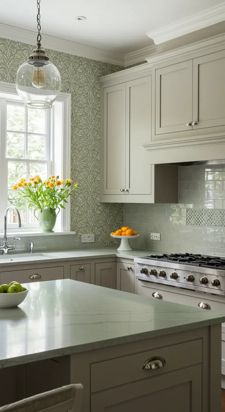 A refined kitchen with greige cabinets, subtle green wallpaper, and a light green backsplash.