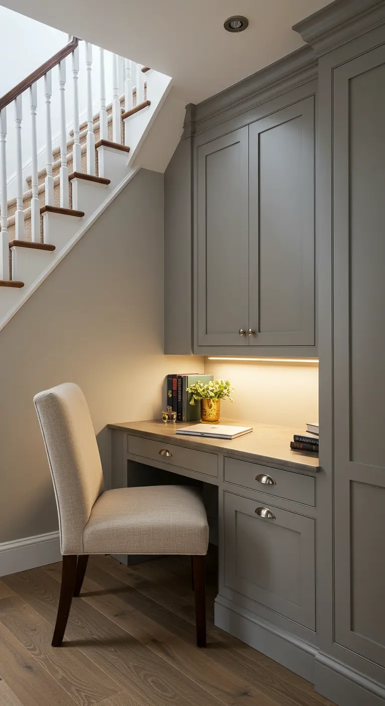 A traditional gray built-in desk and cabinets under a staircase with an upholstered chair.