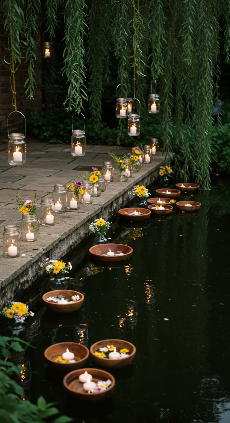 A tranquil pond with floating candles in wooden bowls and mason jar lanterns along the edge.