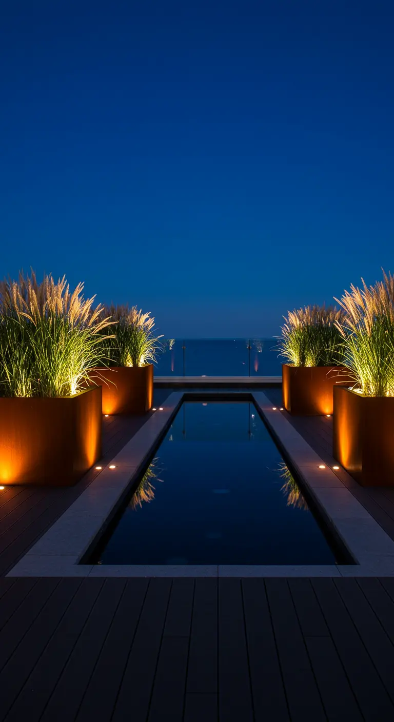 A rooftop reflecting pool flanked by Corten steel planters with illuminated ornamental grasses.