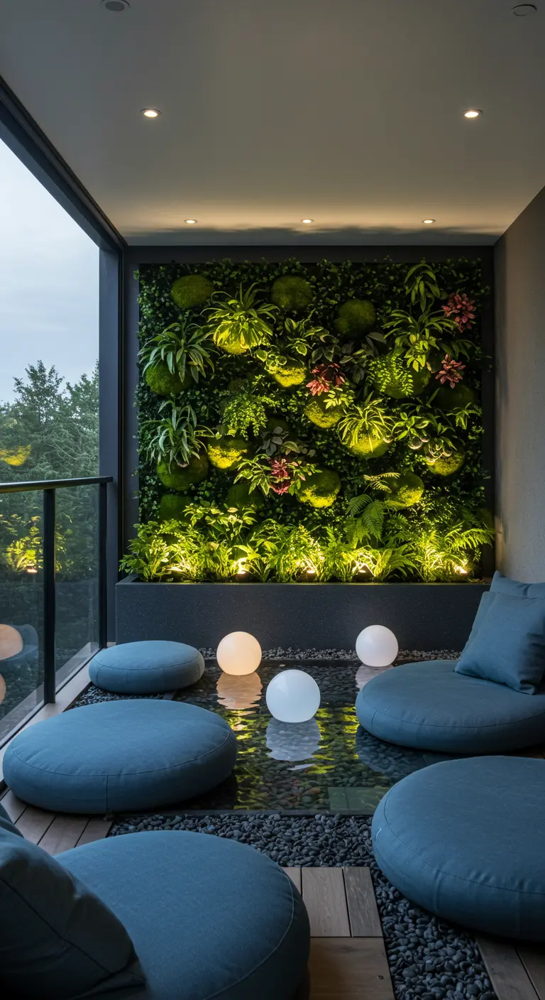 A balcony with a small water feature, floating light orbs, round cushions, and a lush green wall.