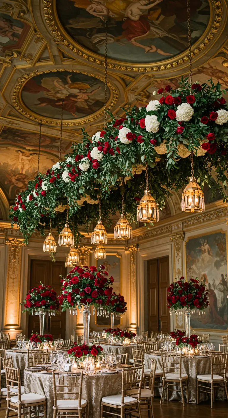 A long, hanging garland of red and white roses with lanterns in an ornate gold ballroom.