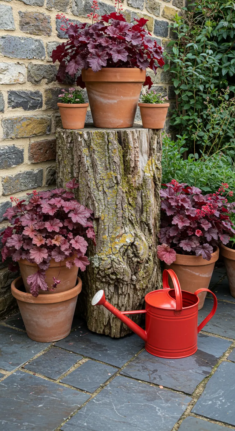 A tree stump displays terracotta pots of red Heuchera, with a red watering can nearby.