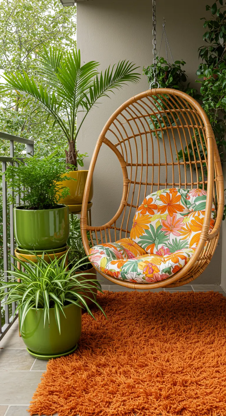 A retro-themed balcony with a rattan egg chair, orange shag rug, and green planters.