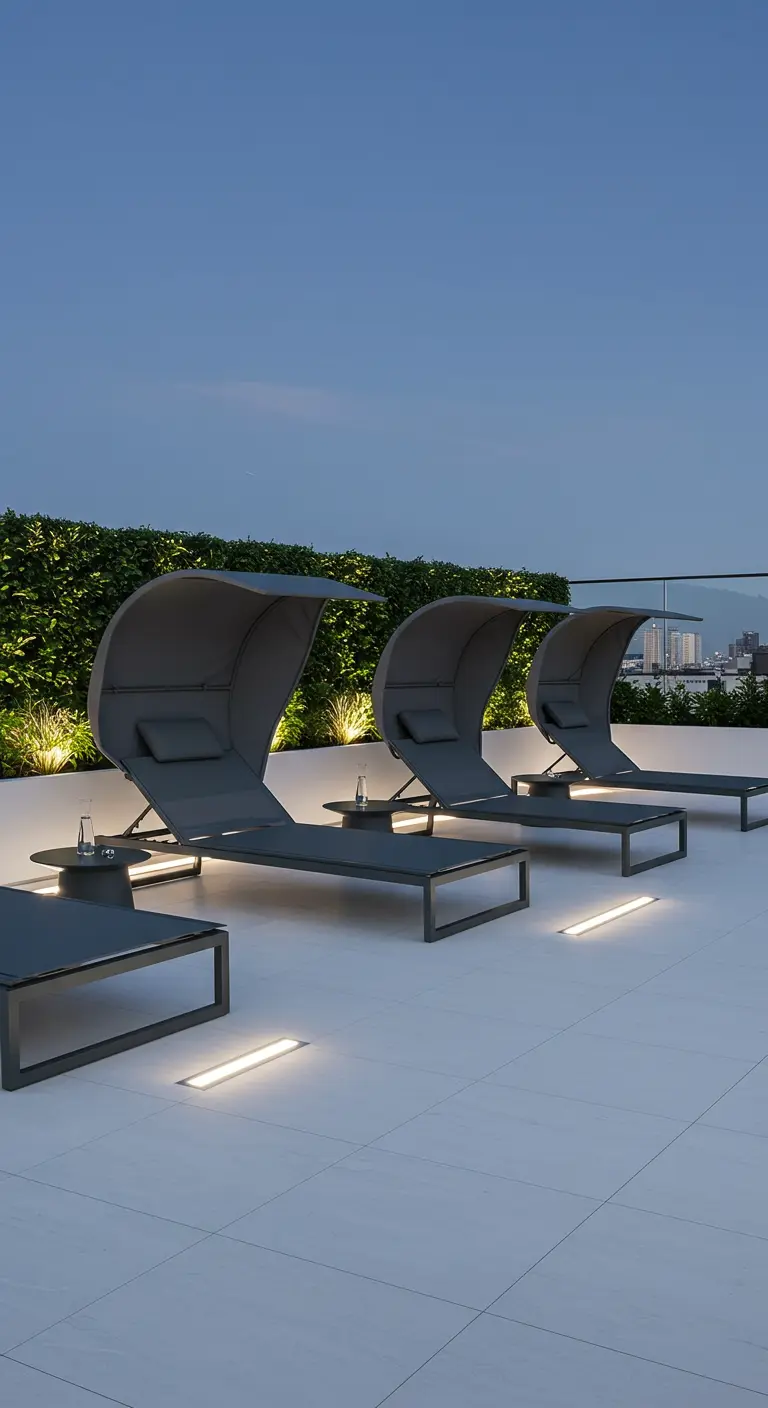 A row of three modern gray sunbeds with cocoon-like canopies and linear floor lights.