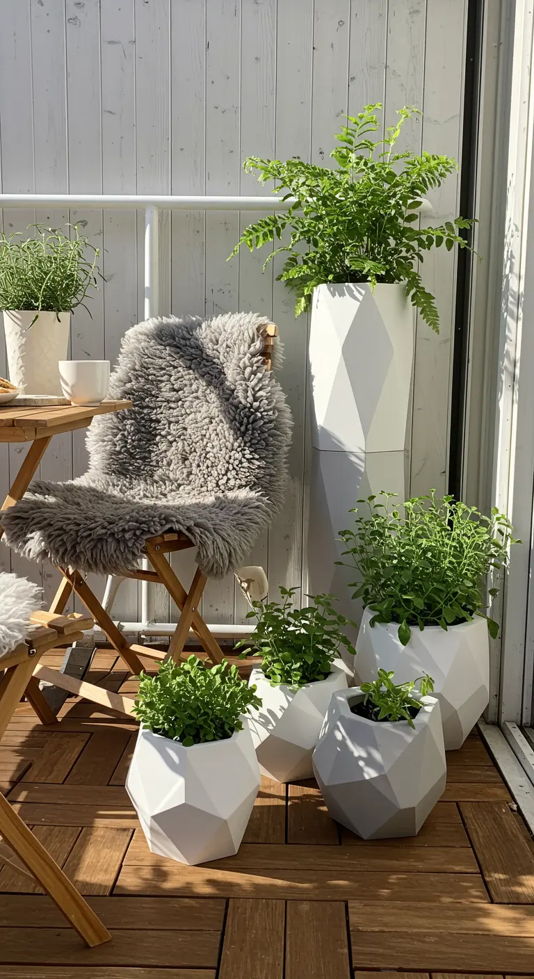 A sunny balcony with white geometric planters of various sizes holding herbs and a fern.