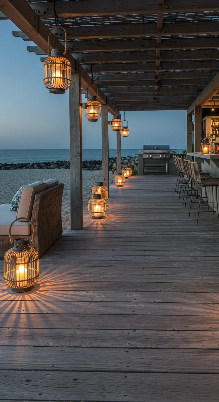 A wooden beach deck with rattan lanterns hanging from a pergola and standing on the floor.