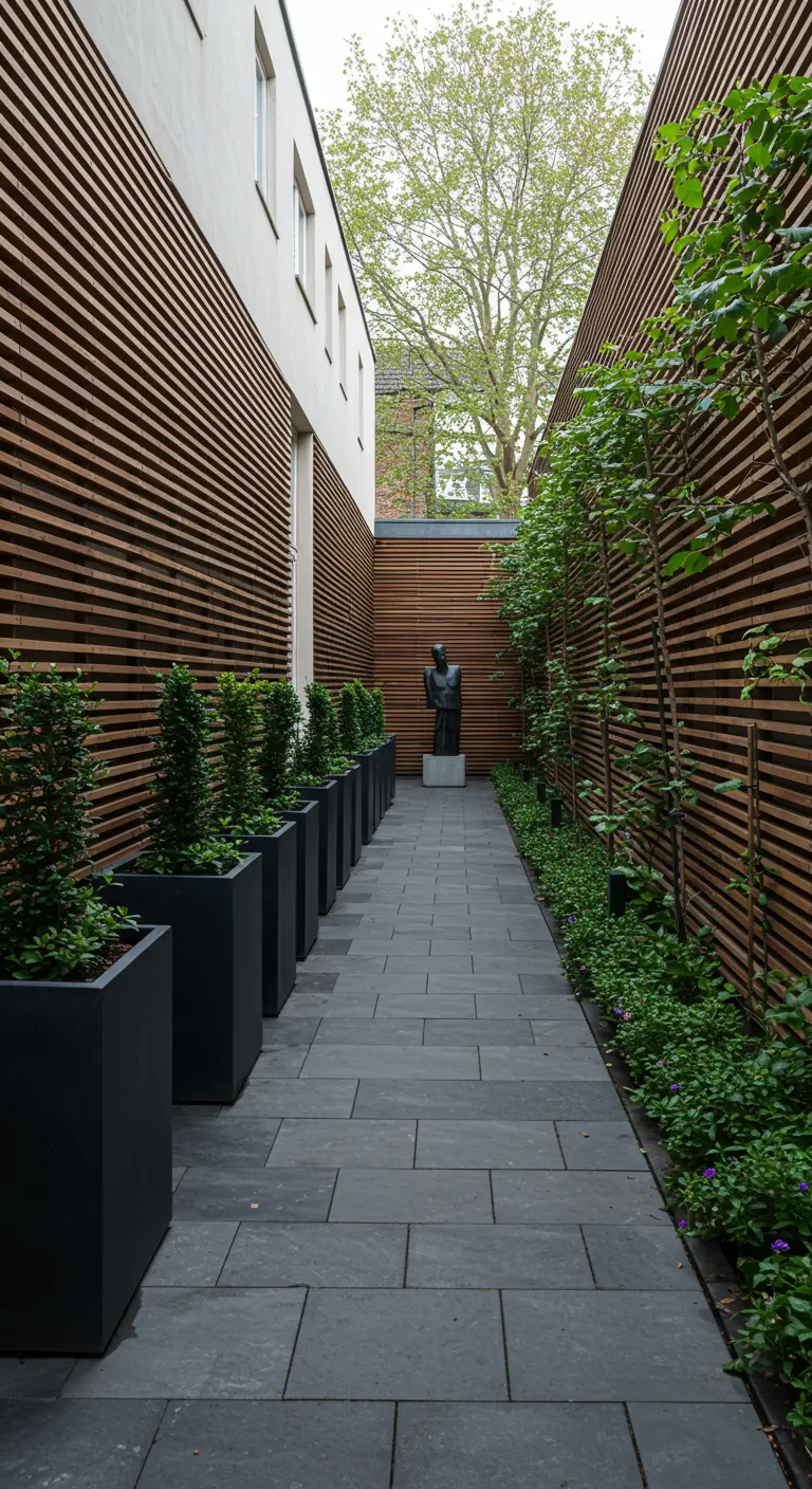 A narrow side yard with a slatted wood wall, lined with a row of black rectangular planters.