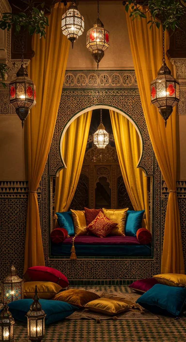 A Moroccan-style daybed in an alcove with jewel-toned cushions and ornate lanterns.