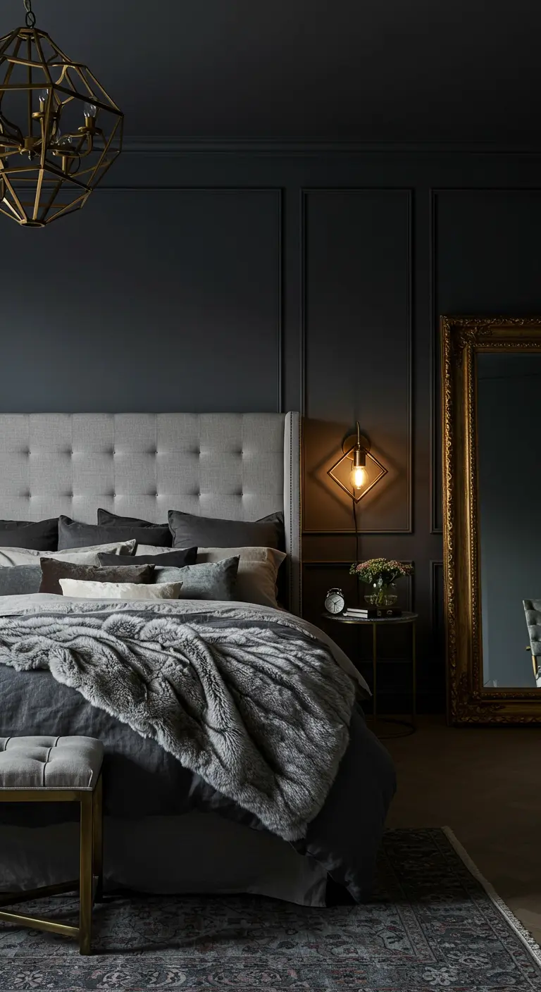 Dark gray bedroom with wall molding, a tufted headboard, and ornate gold mirror.