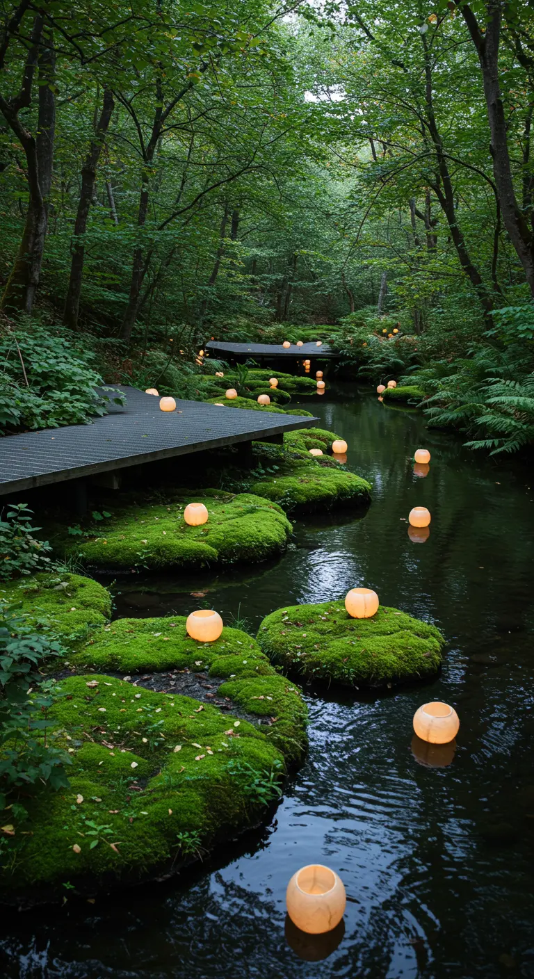 A forest stream with glowing, floating orb lights on the water and mossy banks.