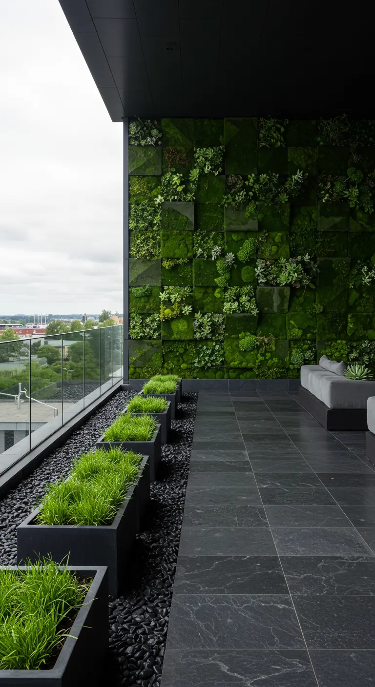 Modern balcony with a row of black planters filled with bright green ornamental grass.