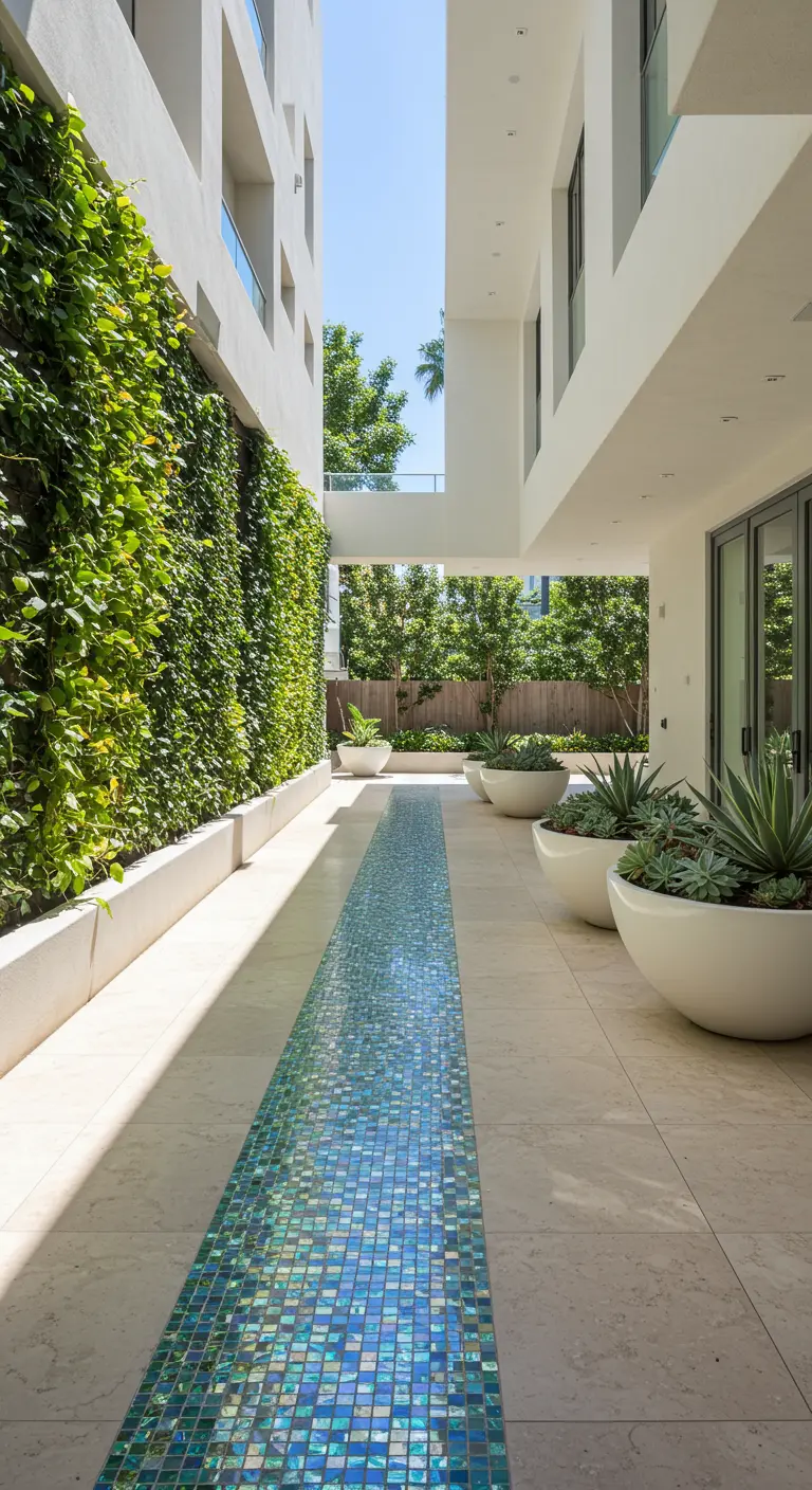 Modern courtyard with a long, narrow path featuring a central blue mosaic tile stream.