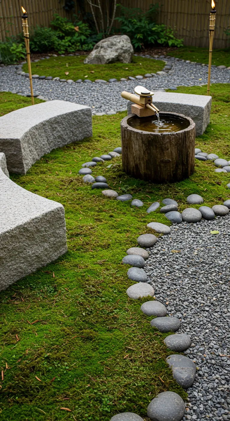 A Zen garden with curved stone benches, a log water basin, and paths of moss and gravel.