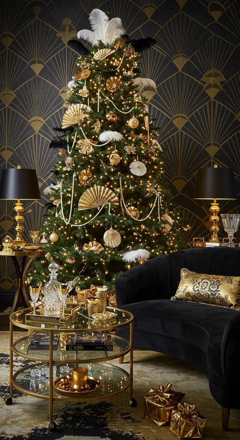 Art Deco-themed Christmas tree with fan ornaments and pearl garlands.