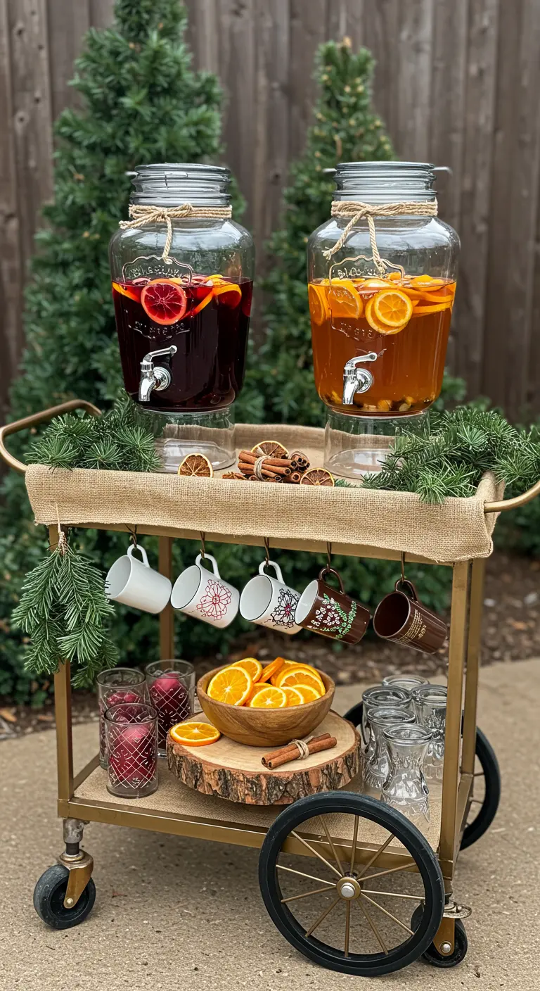 Rustic bar cart decorated with burlap and evergreens, serving mulled holiday drinks.