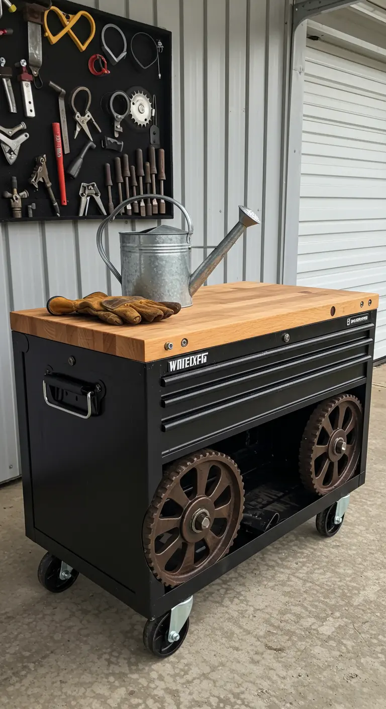 Black rolling tool chest converted into a patio side table with large gear wheels and a wood top.