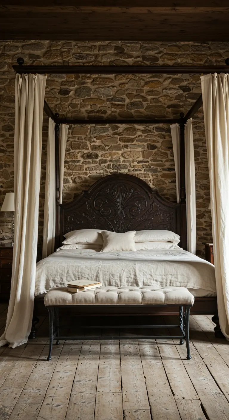 A dark wood canopy bed with white drapes set against a rough stone wall.