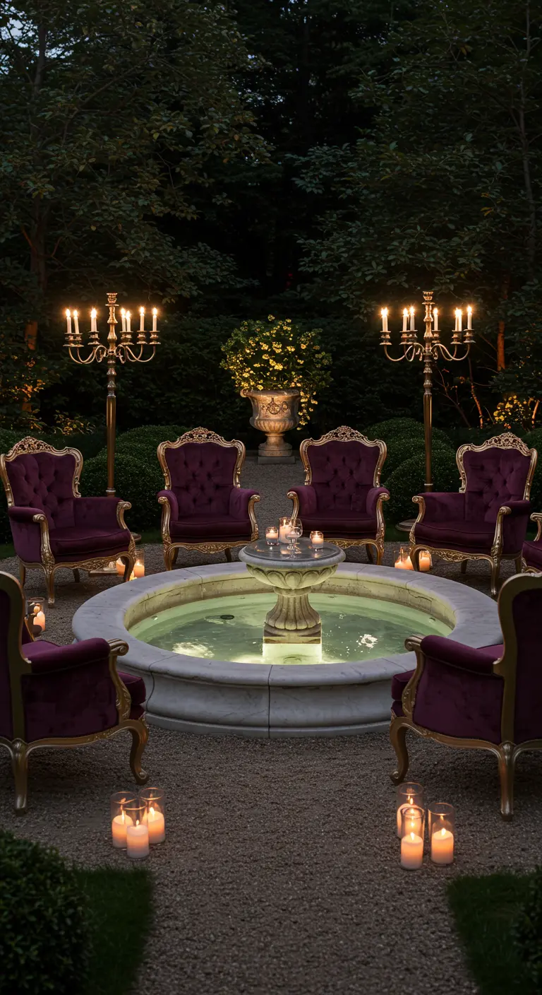 Plum velvet chairs circle a small fountain lit by candelabras and candles at night.