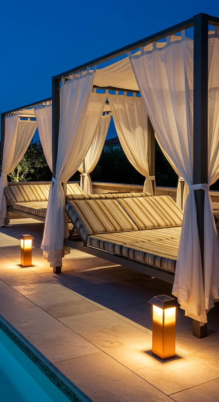 Poolside canopy beds with white curtains tied back, lit by warm solar lanterns.