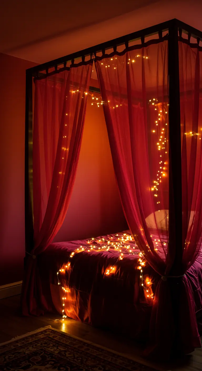 A four-poster bed draped with red sheer curtains and intertwined with glowing fairy lights.