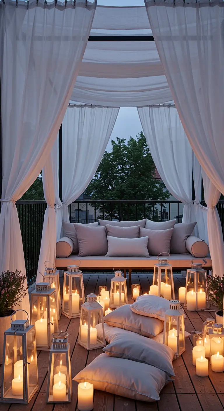 A romantic balcony draped in white sheer curtains and filled with glowing lanterns.