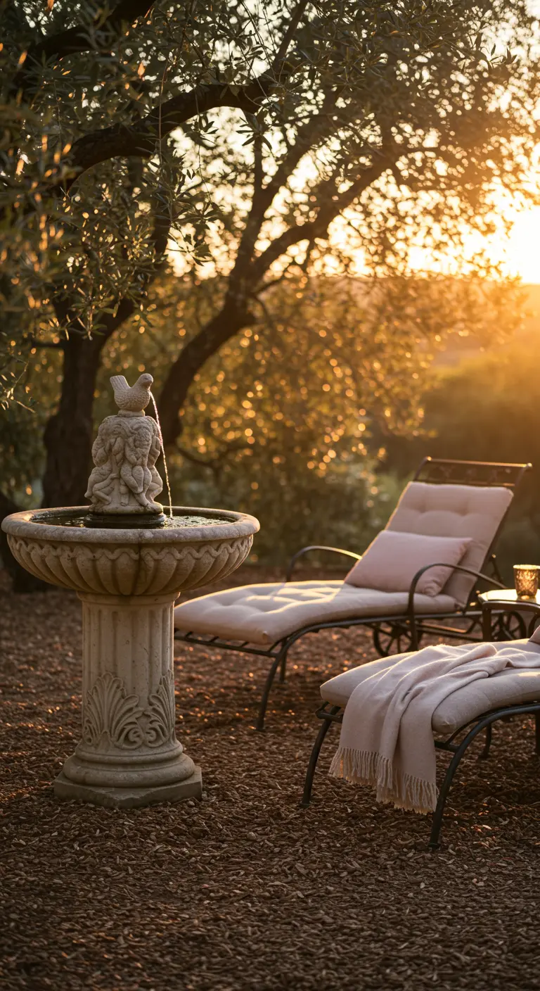 A small cherub fountain next to a lounger with a pink cushion and soft throw at sunset.