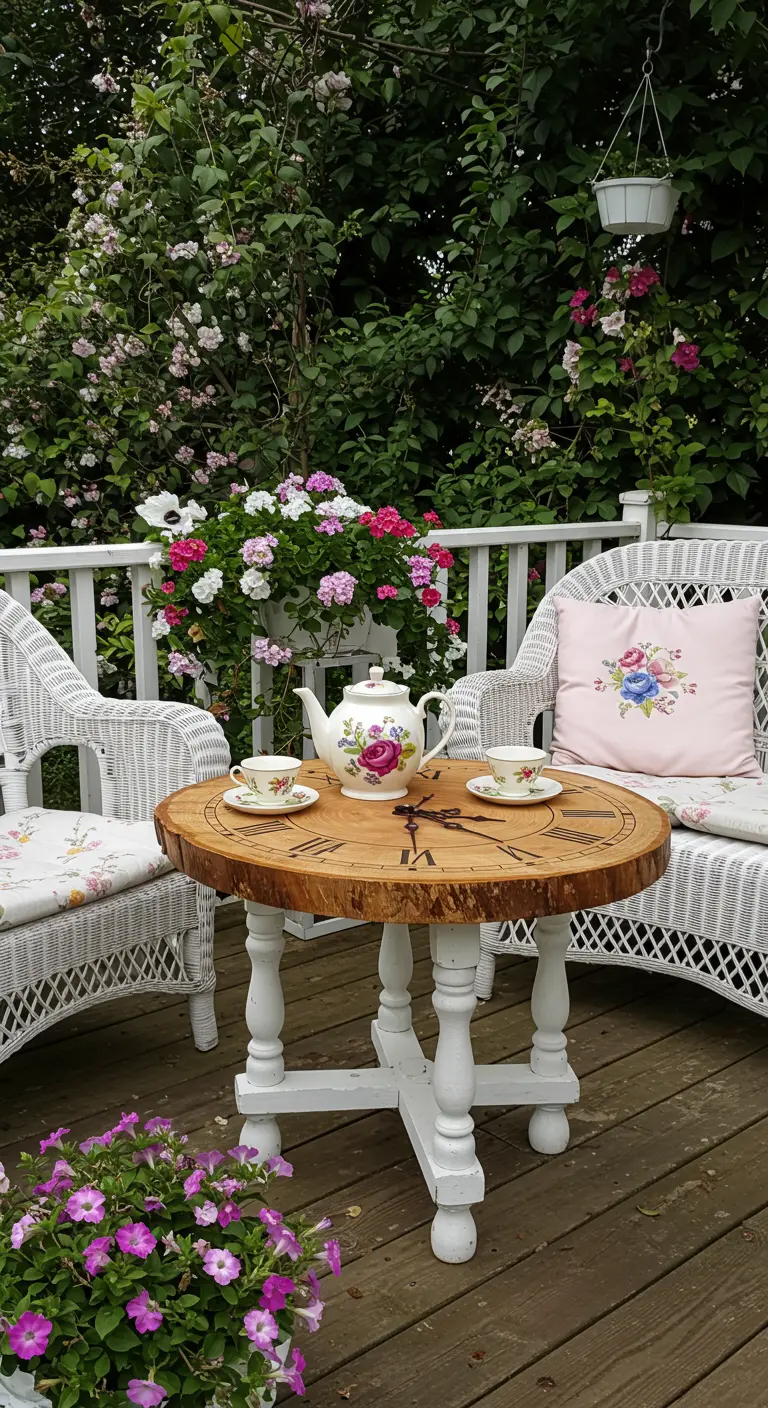A wood slice clock table on a white painted, vintage-style pedestal base in a flower garden.