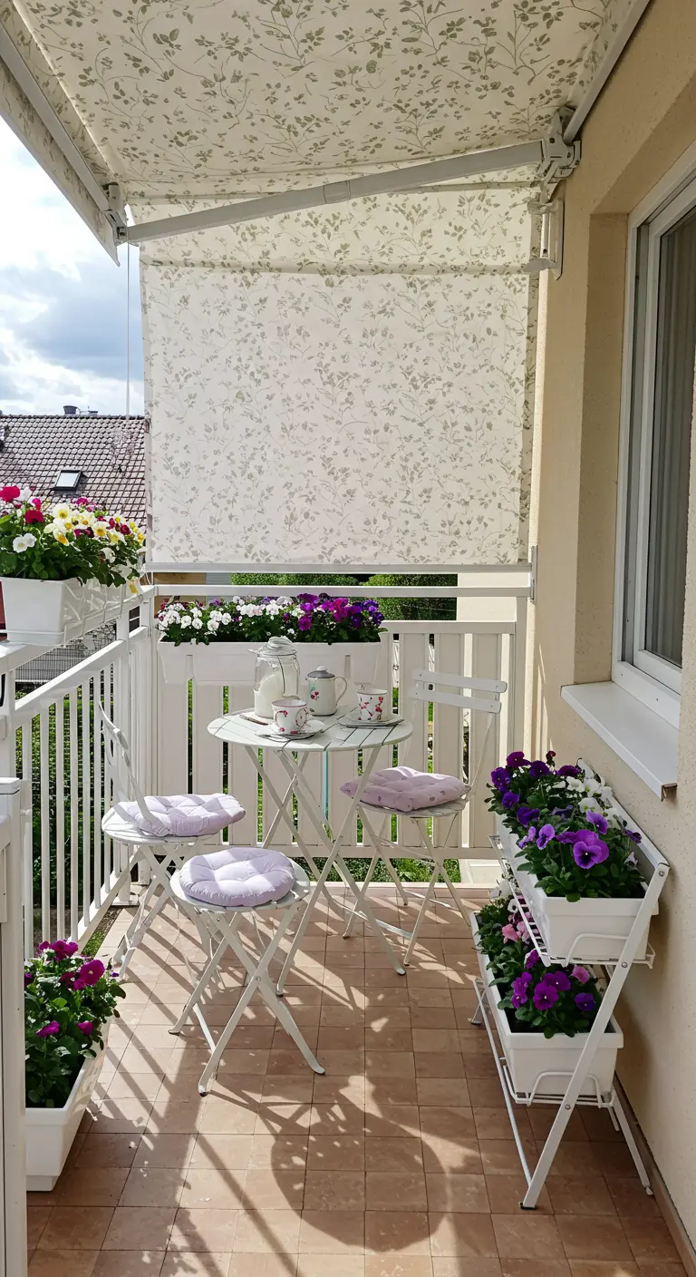 A romantic balcony with a floral awning, a white bistro set, and purple and white flowers.