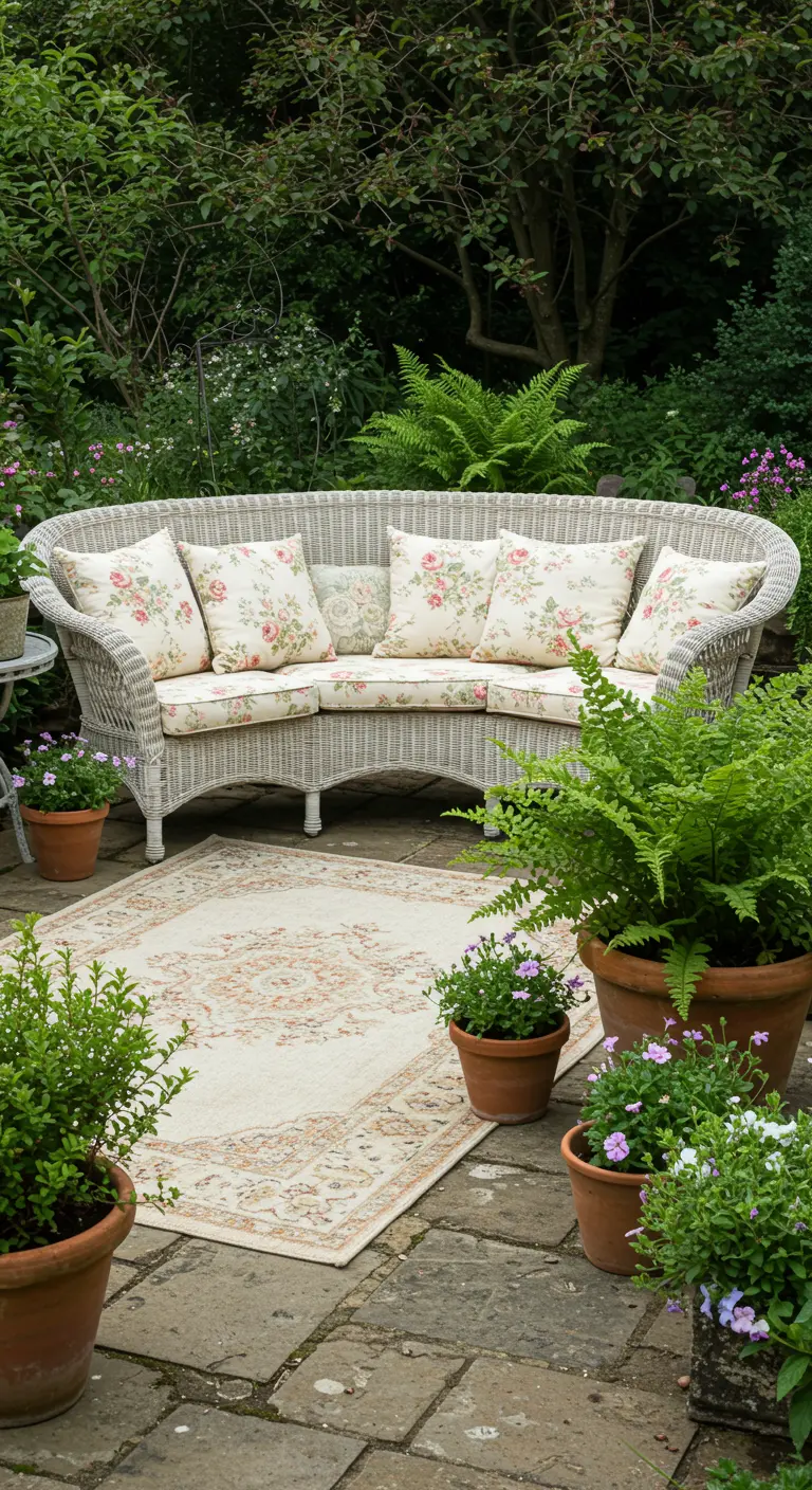 A vintage-style white wicker sofa with rose-print cushions in a lush garden setting.
