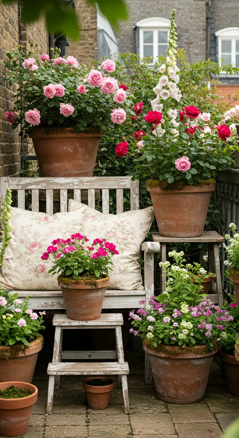 A shabby-chic balcony with a distressed white bench, floral pillows, and pots of pink roses.