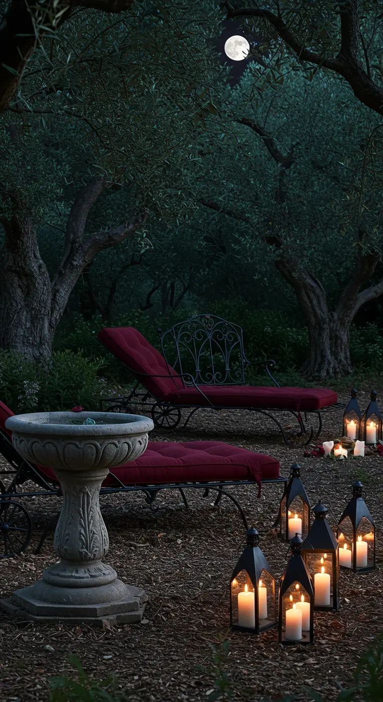 A moonlit garden scene with loungers, a birdbath, and numerous lanterns with candles on the ground.