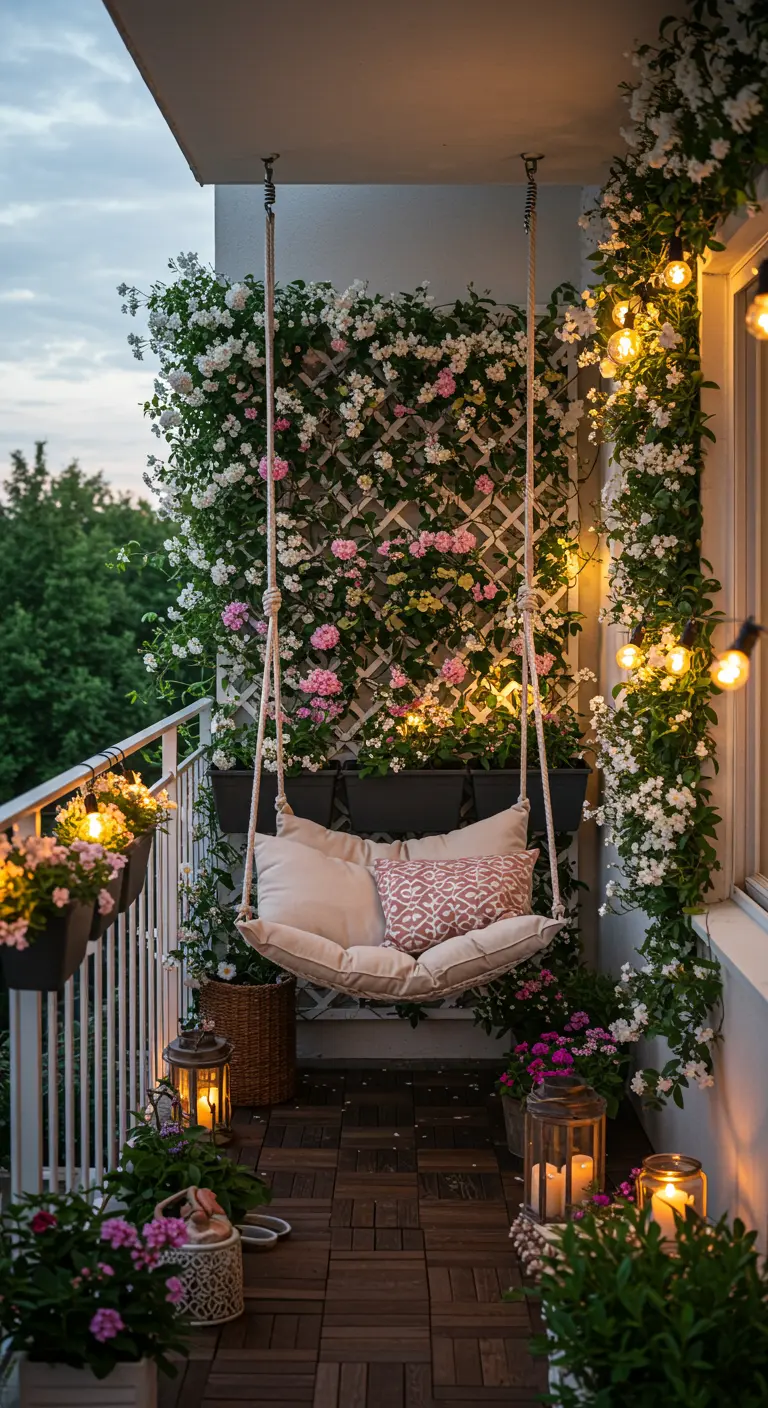 A stunning balcony with a swing seat surrounded by a wall of white and pink climbing roses.