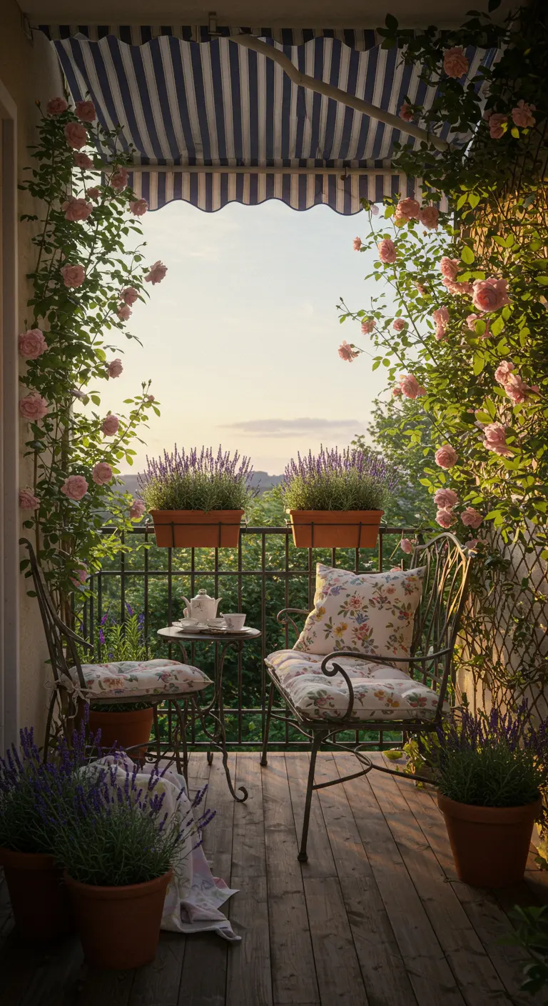 A balcony framed by climbing pink roses, with a wrought-iron set and floral cushions.