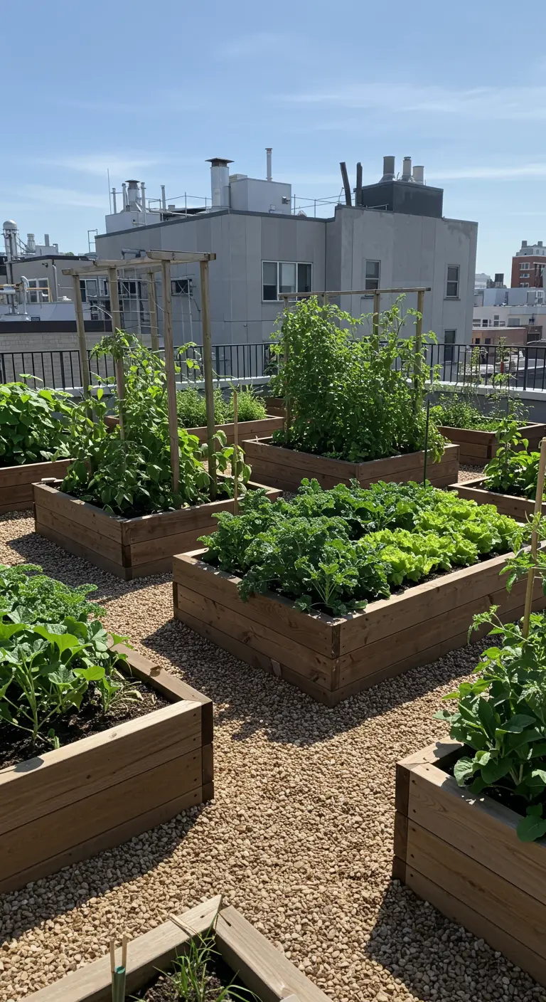 A sunny rooftop vegetable garden with numerous wooden raised beds.