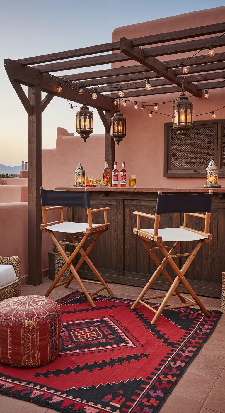 Rooftop bar area with a red kilim rug, wooden bar, and hanging lanterns and string lights.