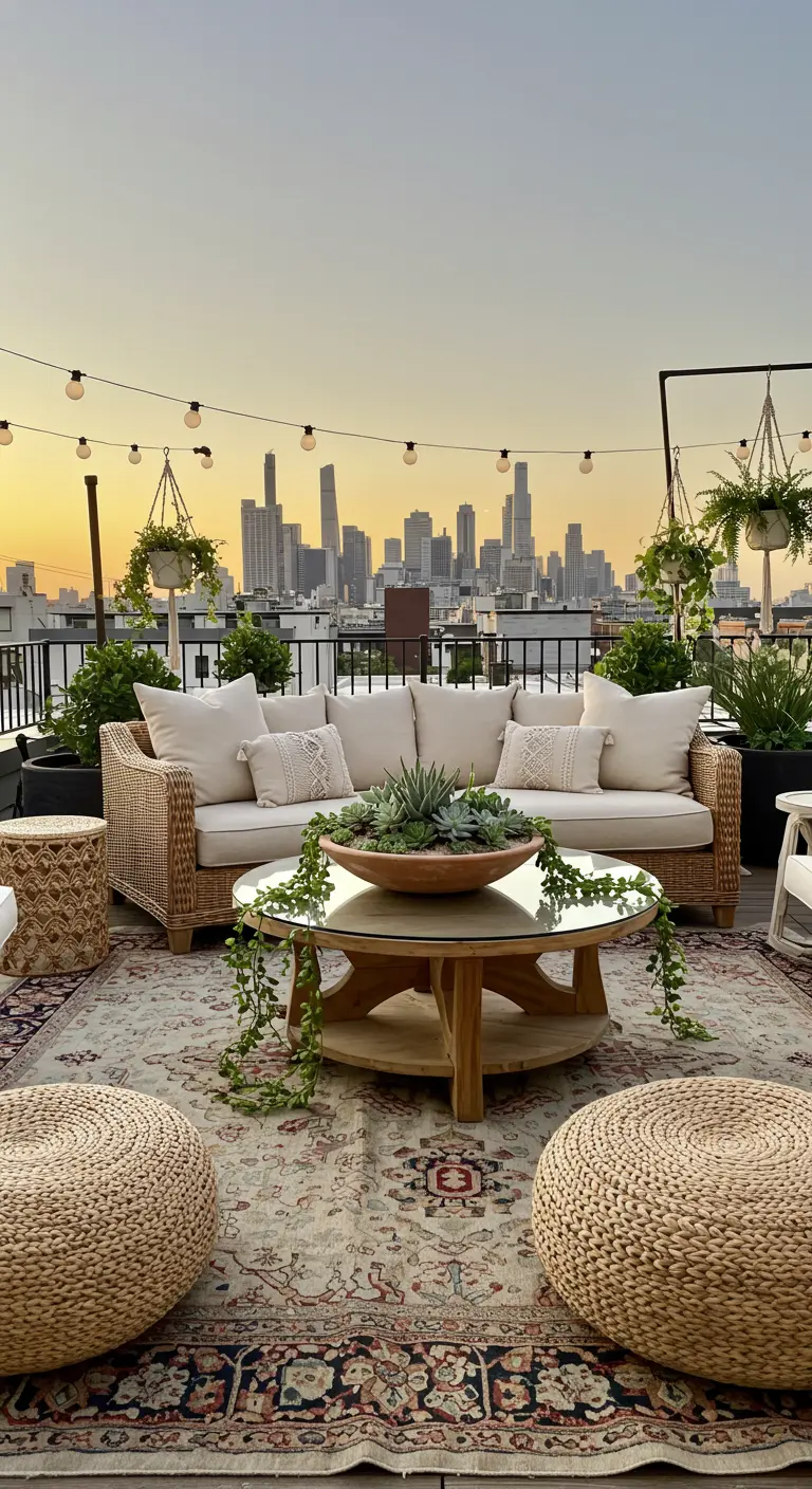 A boho-chic rooftop patio with a city skyline view at sunset and a succulent centerpiece.