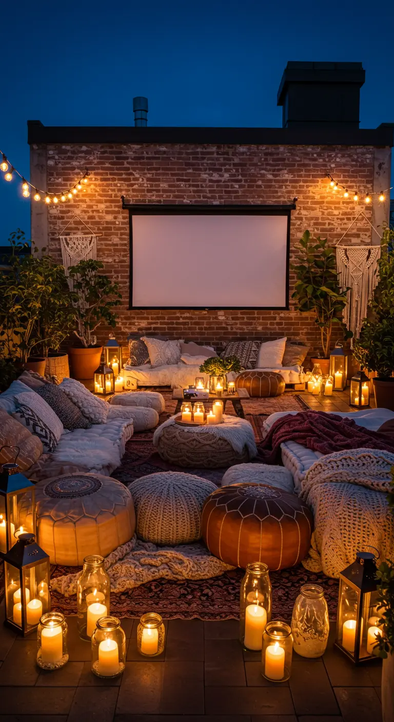 A cozy rooftop movie night with floor cushions, lanterns, and a projector screen against a brick wall.