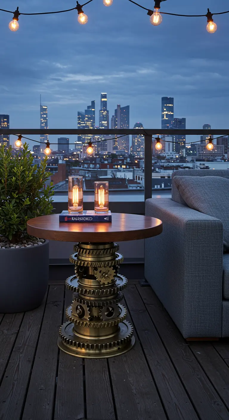 Round wood-top table with a base made of stacked brass gears, on a rooftop with city views.