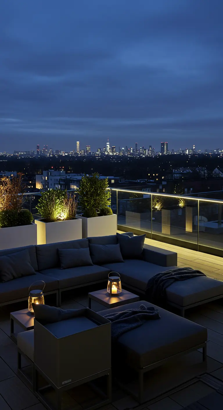 A modern rooftop terrace at night with sectional sofa, lanterns, and illuminated planters.